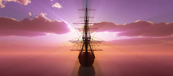 Oude Schip Zonsondergang Zee Weergave Illustratie — Stockfoto