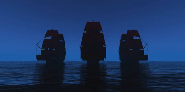 eski üç gemi gece 3D resimleme