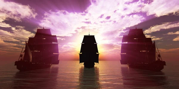 Παλιά Τρία Πλοία Ηλιοβασίλεμα Στη Θάλασσα Απεικόνιση — Φωτογραφία Αρχείου