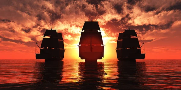 Staré Tři Lodě Západ Slunce Moři Vykreslování Ilustrace — Stock fotografie