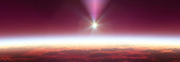 Ziemski Wschód Słońca Kosmosu Nad Zachmurzonym Oceanem Ilustracja Renderowania — Zdjęcie stockowe