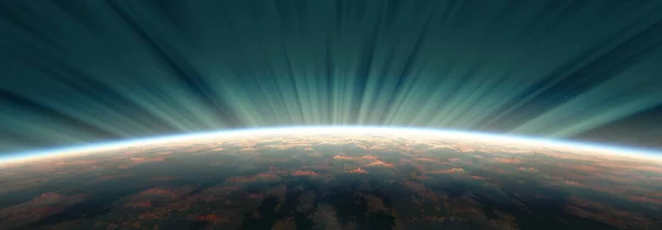 Matahari Terbit Dari Aurora Ruang Angkasa Ilustrasi Render — Stok Foto