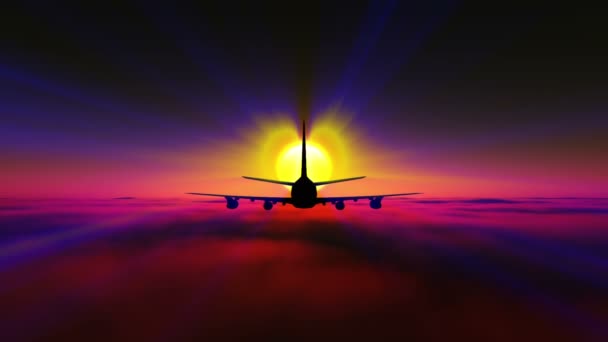 Vliegtuig vliegen boven wolken zonsondergang — Stockvideo