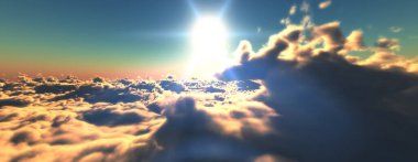 Bulutların üzerinde günbatımı güneş ışığı illüstrasyonu, 3 boyutlu görüntüleme