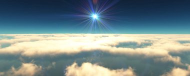 Bulutların üzerinde uç günbatımı manzarası. 3d resimleme