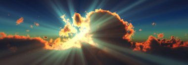 above clouds sun ray sunset. 3d render illustration