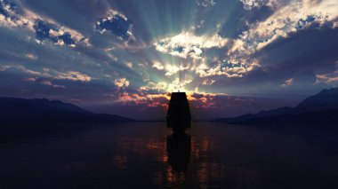 Eski gemi deniz batımında, 3D resimleme