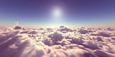 Bulutların üzerinde uç günbatımı manzarası, üç boyutlu resimleme