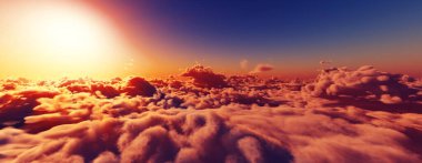 Bulutların üzerinde günbatımı güneş ışığı illüstrasyonu, 3 boyutlu görüntüleme