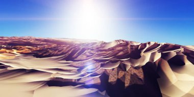 Çölde kum tepeleri batıyor. 3d resimleme