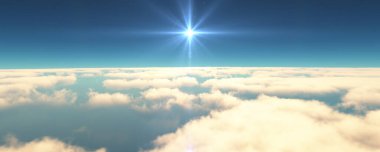 Bulutların üzerinde uç günbatımı manzarası. 3d resimleme