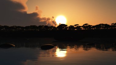 Tropikal gölün üzerinde güzel bir günbatımı, illüstrasyon 3D