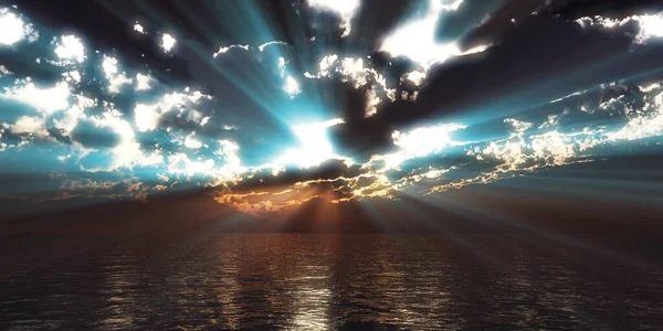 Zachód Słońca Morze Słońce Promienie Chmury Renderowania Ilustracja — Zdjęcie stockowe