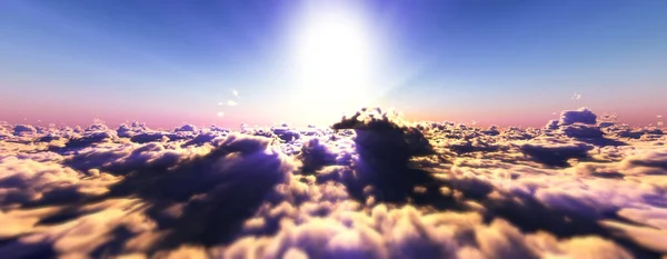 Über Wolken Fliegen Sonnenuntergang Sonnenstrahl Illustration Render — Stockfoto