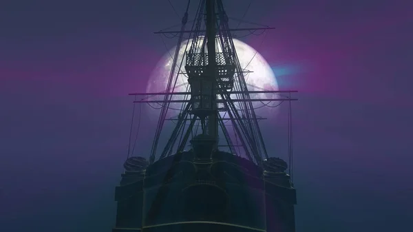 Oud Schip Zee Volle Maan Illustratie Rendering — Stockfoto