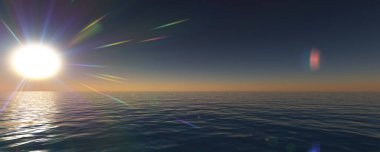 Gün batımı deniz ışığı gökyüzü berrak, üç boyutlu resimleme