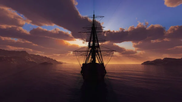 Oud Schip Zonsondergang Zee Illustratie Rendering — Stockfoto