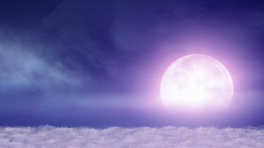 Gece ay ışığında kümülüs bulutları üzerinde güzel ve gerçekçi bir uçuş.