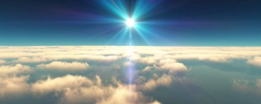 Bulutların üzerinde uç günbatımı manzarası. 3d resimleme