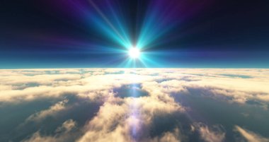 Bulutların üzerinde uç günbatımı manzarası. 3d resimleme