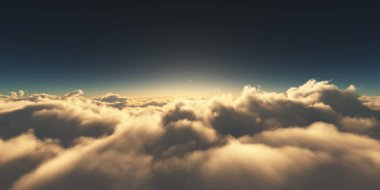 Bulutların üzerinde gün doğumu güneş ışığı çizimi, 3 boyutlu görüntüleme