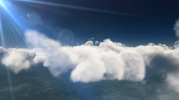 大きな雲の上を飛ぶ太陽光線3Dイラストレンダリング — ストック写真