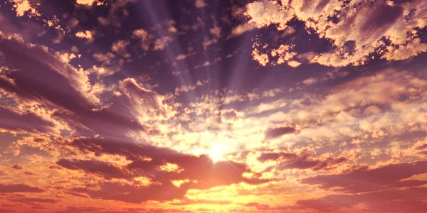 Bulutlar, ışık ışınları ve diğer atmosfer etkileriyle gün batımı / gün doğumu, 3d illüstrasyon