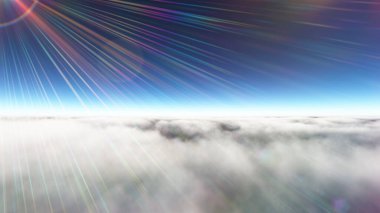 Bulutların üzerinde güneş ışınları, 3 boyutlu resimleme