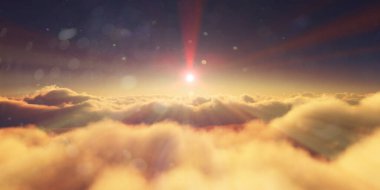 Bulutların üzerinde gün doğumu güneş ışığı çizimi, 3 boyutlu görüntüleme