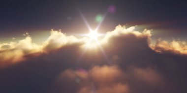 Bulutların üzerinde gün doğumu güneş ışığı çizimi, 3 boyutlu görüntüleme