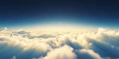 Bulutların üzerinde gün doğumu güneş ışığı çizimi, 3 boyutlu görüntüleme