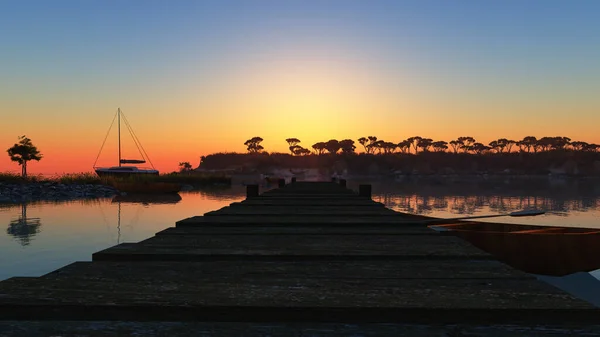 Beau Coucher Soleil Sur Lagune Tropicale Illustration Rendu — Photo