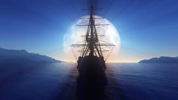 Navio Velho Mar Lua Cheia Ilustração Renderização — Fotografia de Stock