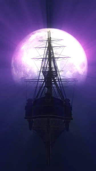 古い船で海満月イラスト3Dレンダリング — ストック写真