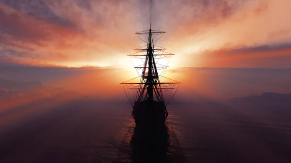 Viejo Barco Puesta Sol Mar Ilustración Representación —  Fotos de Stock