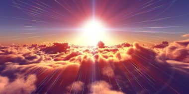 Bulutların üzerinde uç günbatımı manzarası, üç boyutlu resimleme