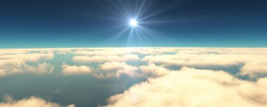 Bulutların üzerinde uç günbatımı manzarası. 3d resimleme