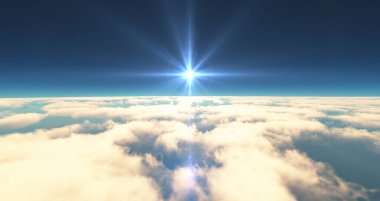 Bulutların üzerinde uç günbatımı manzarası. 3d resimleme