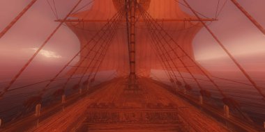 Eski gemi günbatımında deniz 3D resimleme