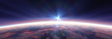 Bulutlu okyanus üzerinden Dünya 'nın doğuşu. 3d resimleme