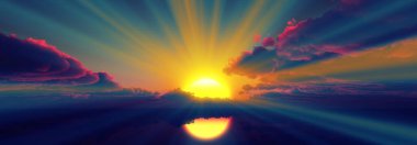 Gün batımı sakin deniz ışığı 3D çizim