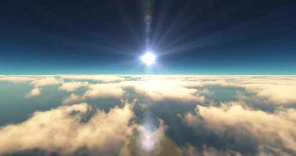 雲の日没の風景の上を飛ぶ 3Dレンダリング図 — ストック写真