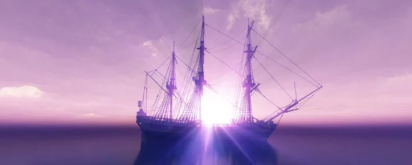 古い船の夕日で海の3Dレンダリングイラスト — ストック写真