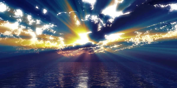 Sunset Sea Sun Ray Clouds Rendering Illustration — Stock Photo, Image