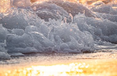 Dalgalar deniz kıyısı makrosu sıçratıyor. Yaklaş.