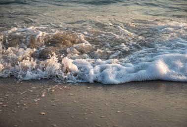 Dalgalar deniz kıyısı makrosu sıçratıyor. Yaklaş.