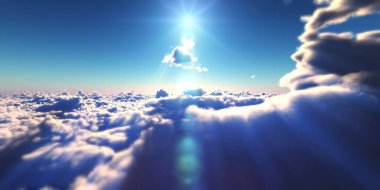 Bulutların üzerinde uç günbatımı manzarası, üç boyutlu resimleme