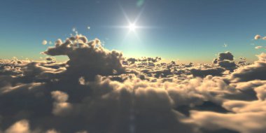 Bulutların üzerinde uç günbatımı manzarası, üç boyutlu resimleme