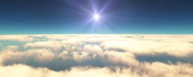 Bulutların üzerinde uç günbatımı manzarası. 3d resimleme