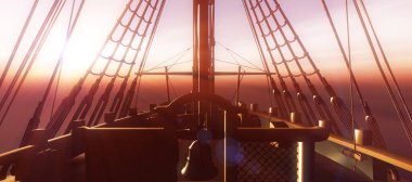 Eski gemi günbatımında deniz 3D resimleme